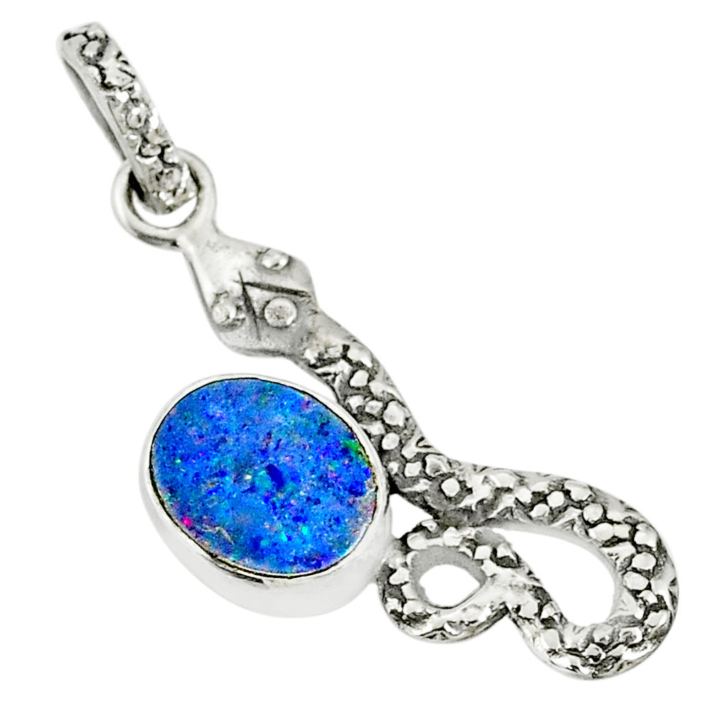 3.05cts natural blue doublet opal australian 925 silver snake pendant r78447