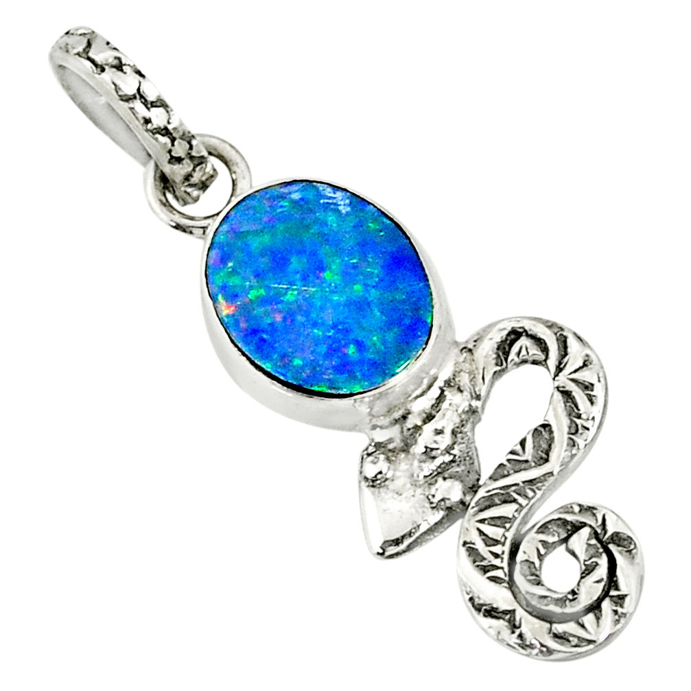 2.66cts natural blue doublet opal australian 925 silver snake pendant r78450