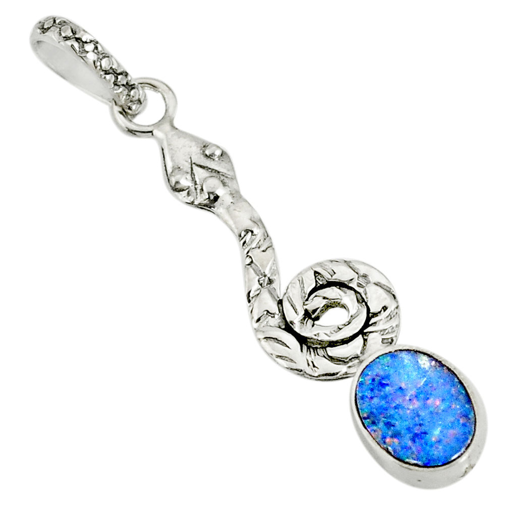 2.56cts natural blue doublet opal australian 925 silver snake pendant r78514