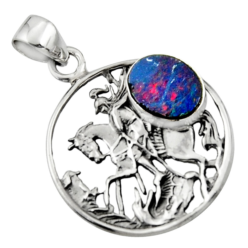 4.18cts natural blue doublet opal australian 925 silver unicorn pendant r52774