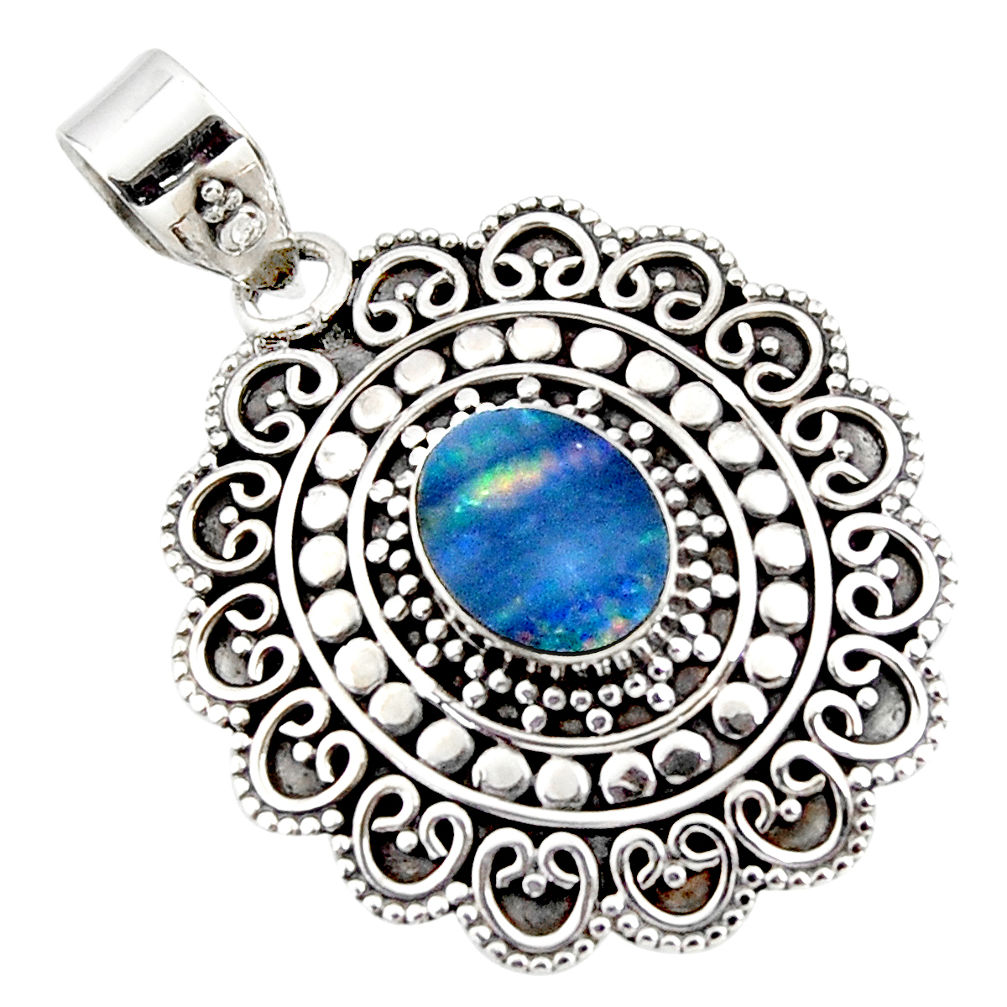3.52cts natural blue doublet opal australian 925 sterling silver pendant r47039