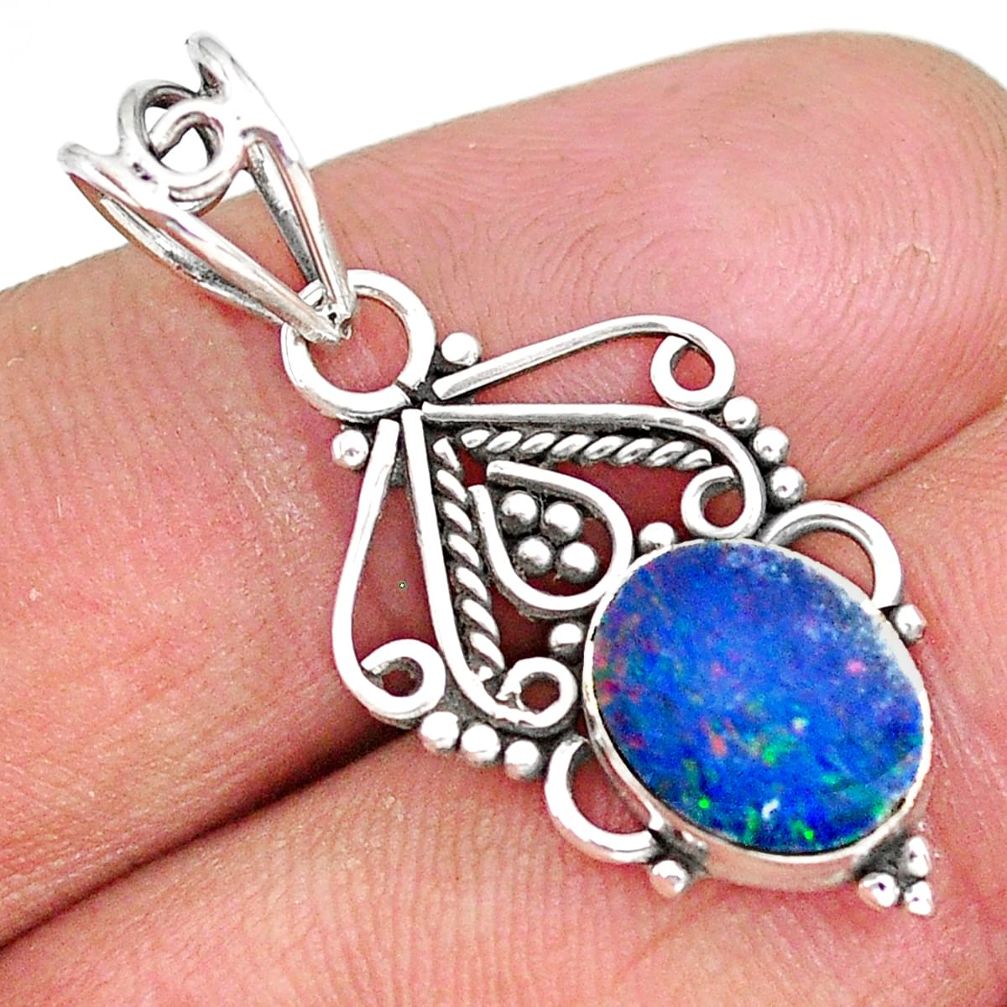 2.39cts natural blue doublet opal australian 925 sterling silver pendant r90135
