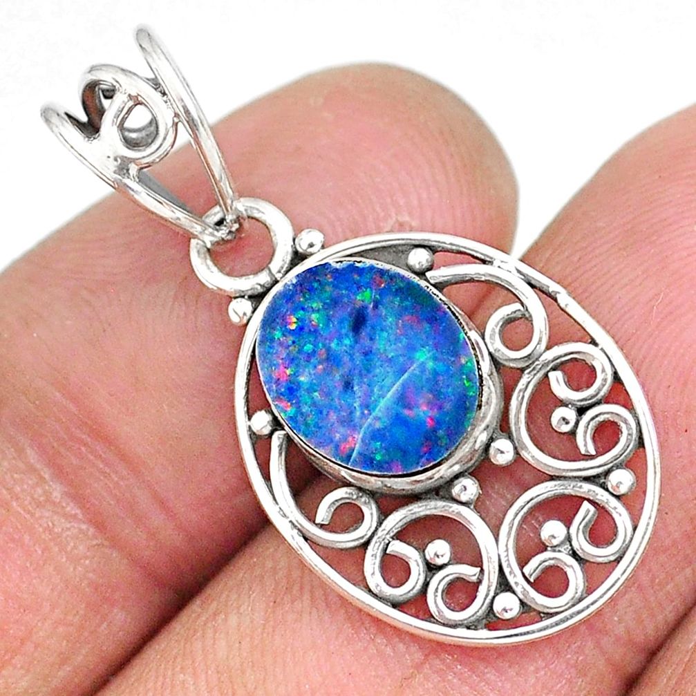 2.54cts natural blue doublet opal australian 925 sterling silver pendant r90152
