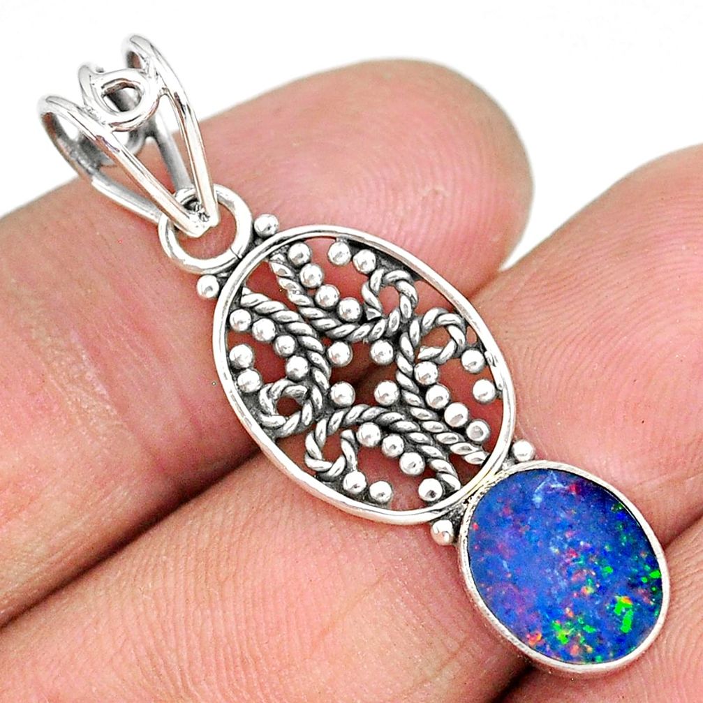 2.82cts natural blue doublet opal australian 925 sterling silver pendant r90155