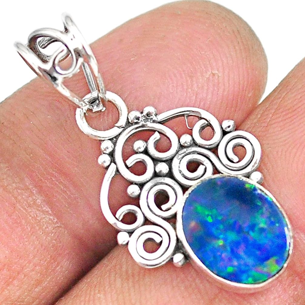 2.66cts natural blue doublet opal australian 925 sterling silver pendant r90157