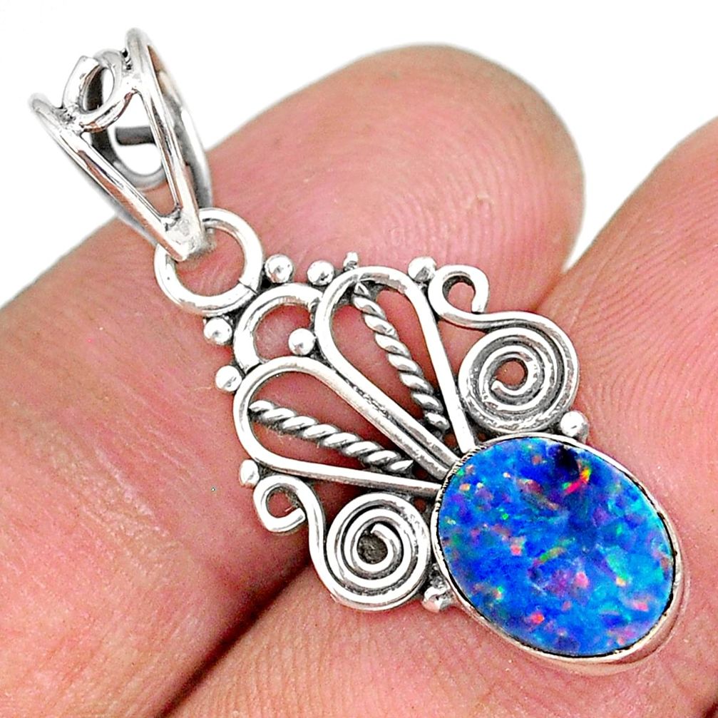 2.57cts natural blue doublet opal australian 925 sterling silver pendant r90158