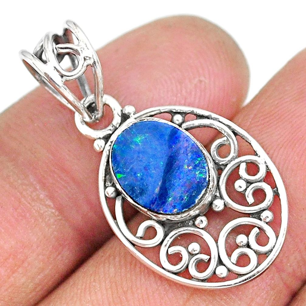 2.67cts natural blue doublet opal australian 925 sterling silver pendant r90159