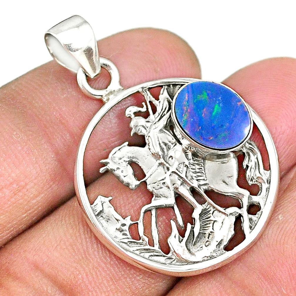 3.42cts natural blue doublet opal australian 925 sterling silver pendant r90384