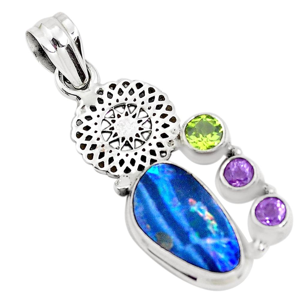 8.22cts natural blue doublet opal australian amethyst 925 silver pendant p51888