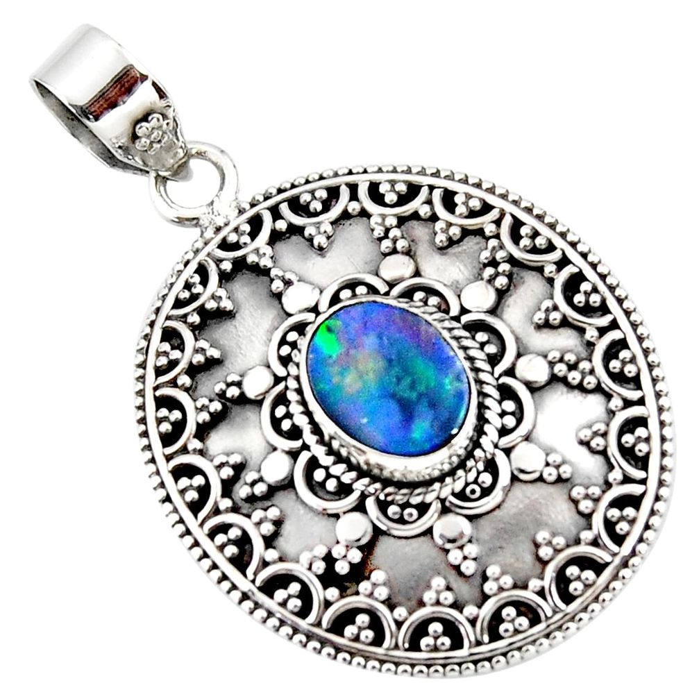 3.37cts natural blue doublet opal australian oval 925 silver pendant r47050