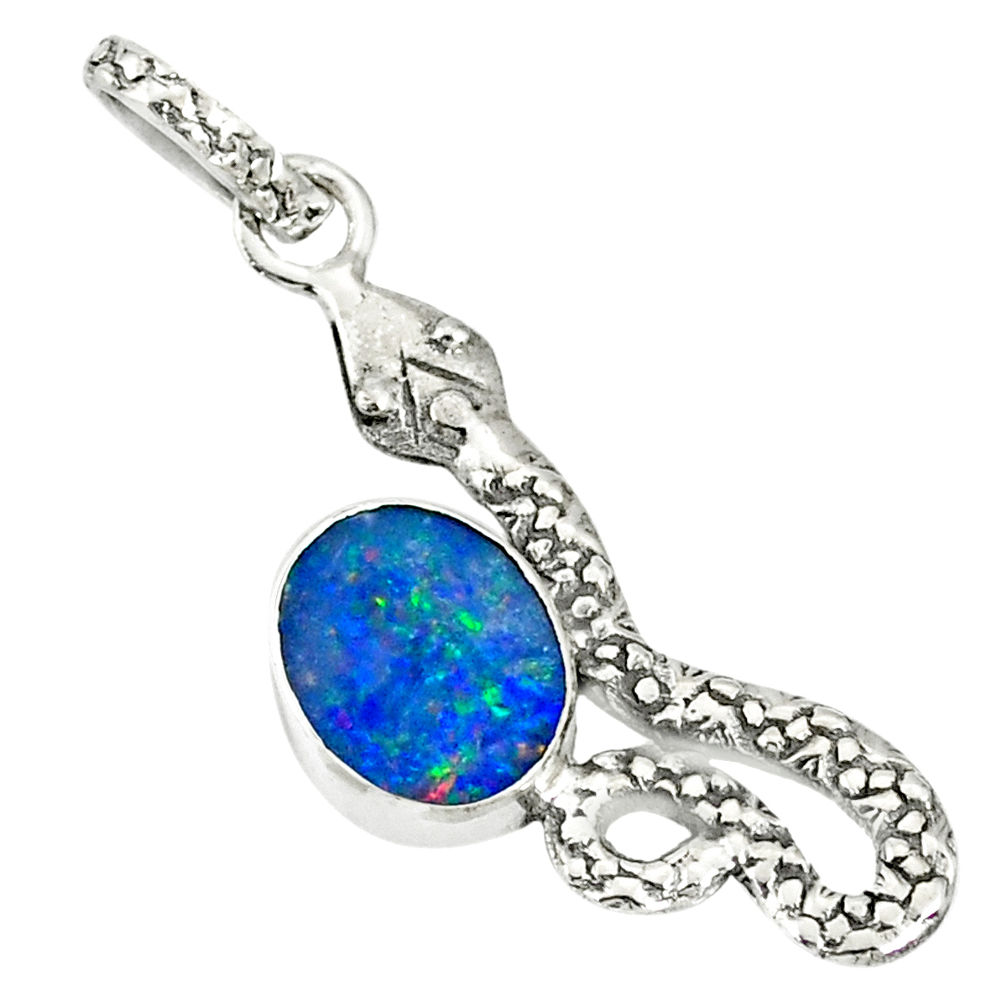 3.18cts natural blue doublet opal australian oval silver snake pendant r78497