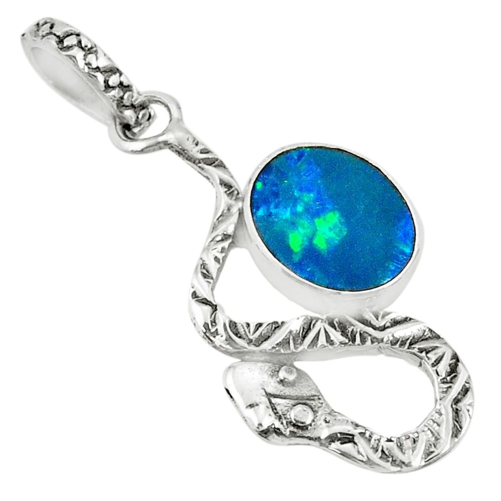 2.68cts natural blue doublet opal australian oval silver snake pendant r78525