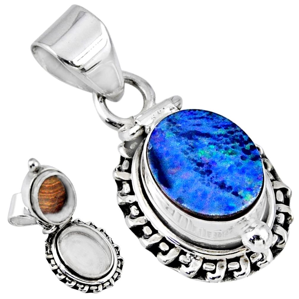 4.02cts natural blue doublet opal australian silver poison box pendant r55648