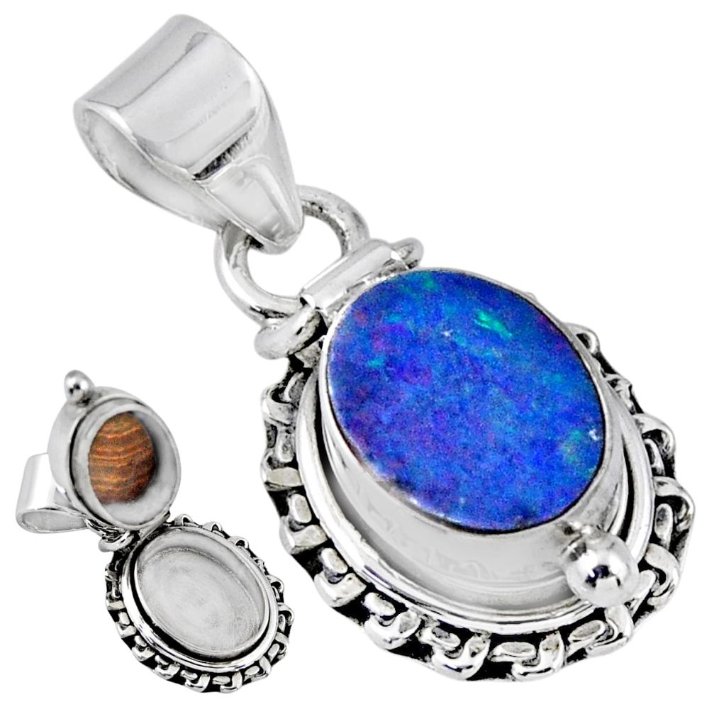 3.85cts natural blue doublet opal australian silver poison box pendant r55652