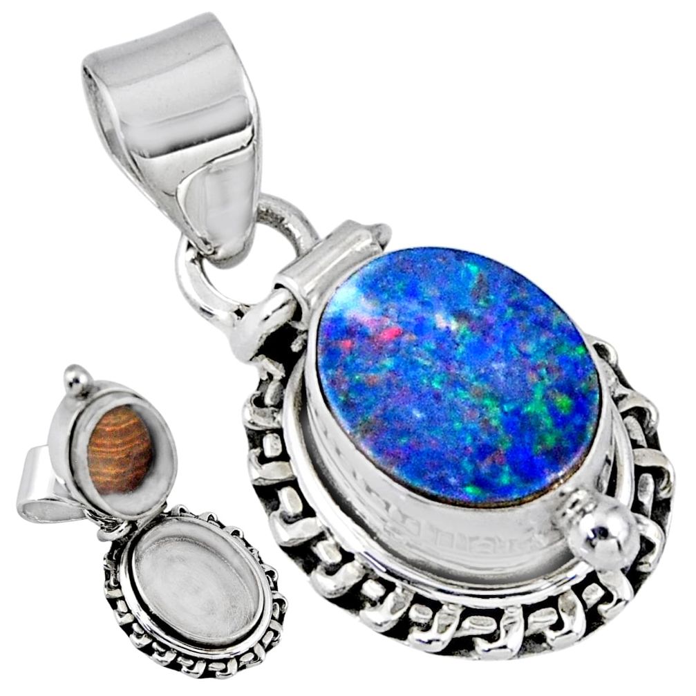 4.02cts natural blue doublet opal australian silver poison box pendant r55653