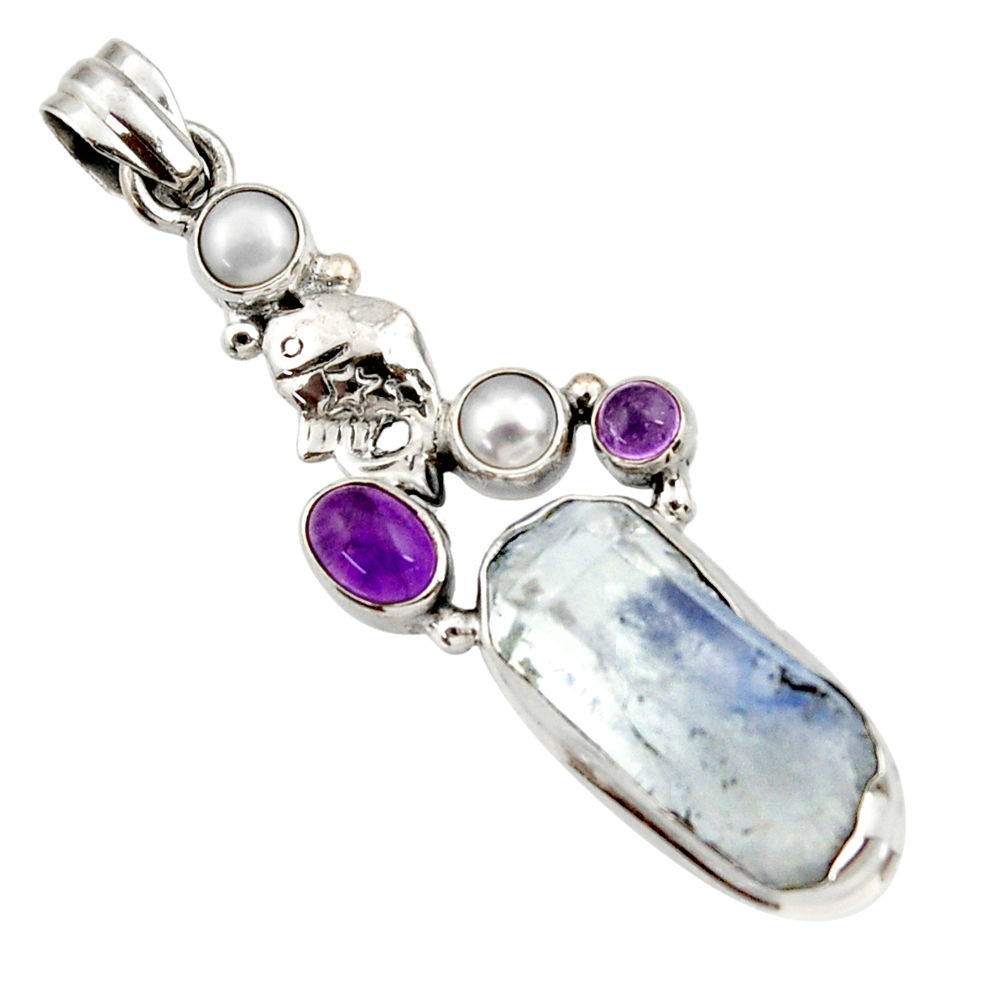 22.75cts natural blue dumortierite amethyst pearl silver turtle pendant d43440