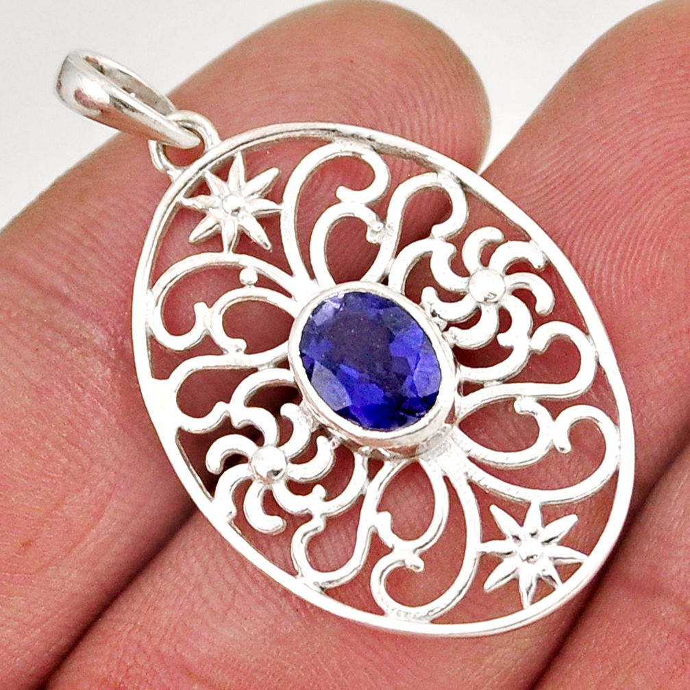1.96cts natural blue iolite oval shape sterling silver pendant jewelry y52728