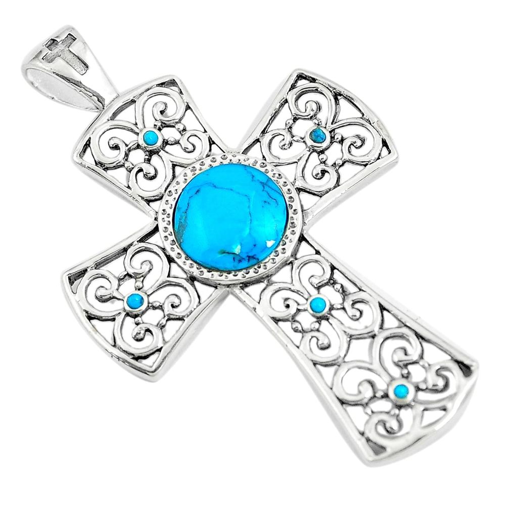 4.48cts natural blue kingman turquoise 925 silver holy cross pendant c10768