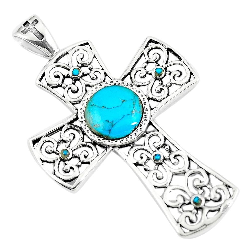 4.21cts natural blue kingman turquoise 925 sterling silver cross pendant c10765