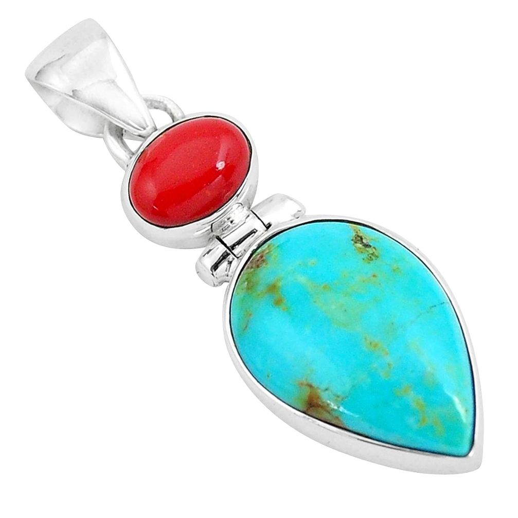 9.72cts natural blue kingman turquoise coral 925 sterling silver pendant p65285