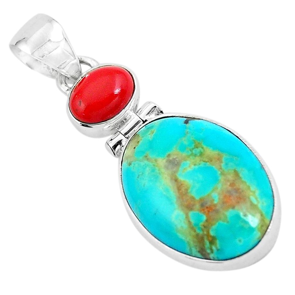  blue kingman turquoise coral 925 sterling silver pendant p65288