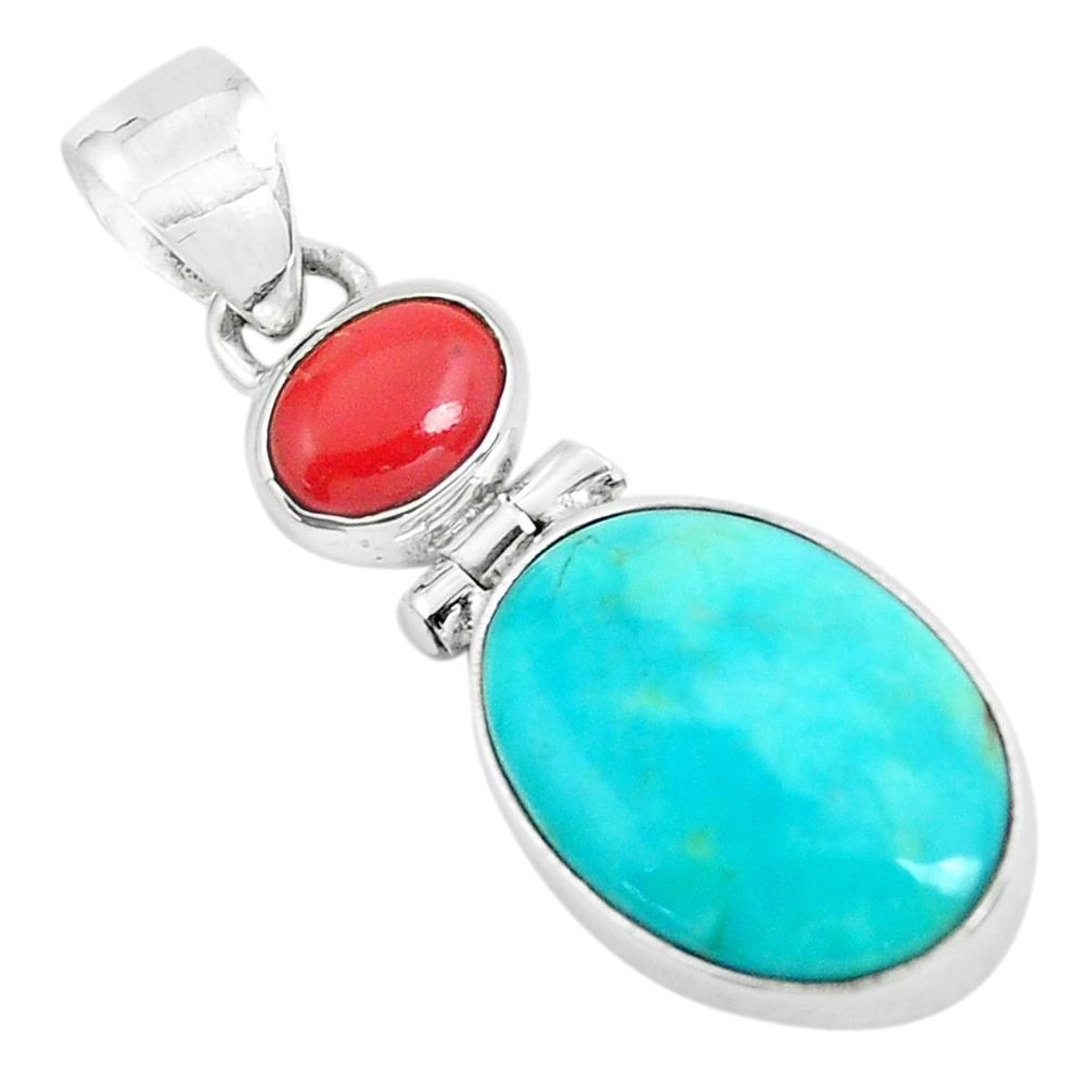 blue kingman turquoise coral 925 sterling silver pendant p65289