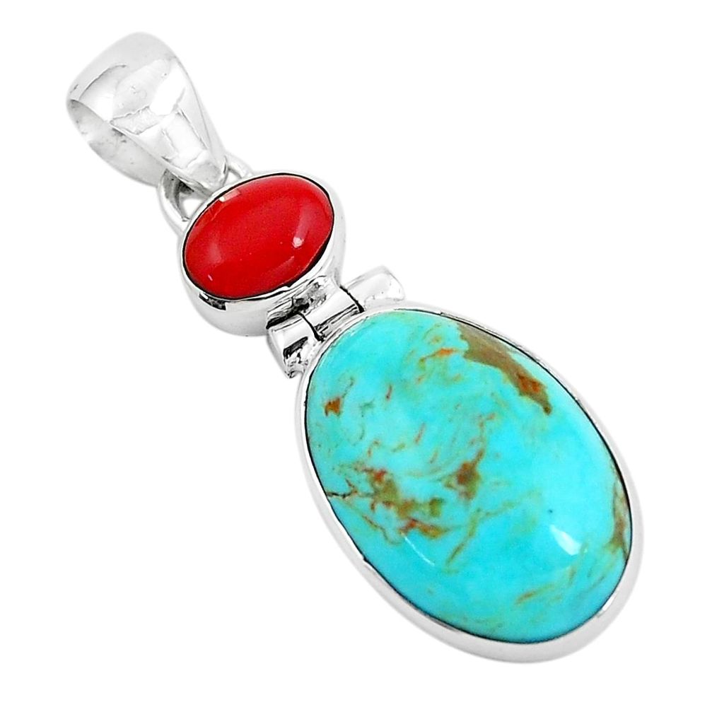10.08cts natural blue kingman turquoise coral 925 sterling silver pendant p65293