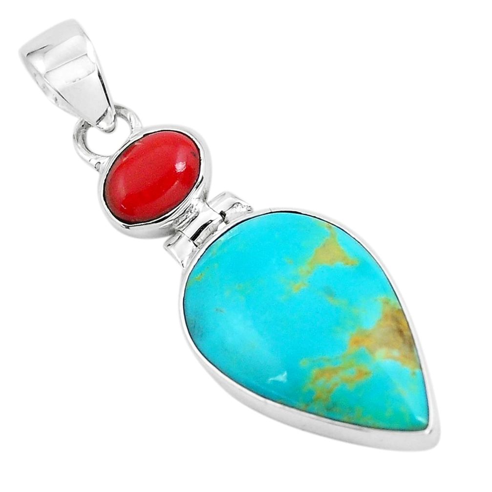 11.20cts natural blue kingman turquoise coral 925 sterling silver pendant p65313