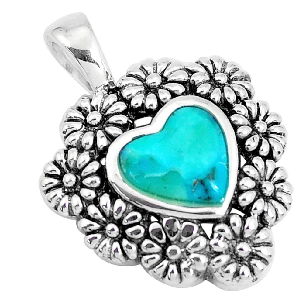 2.50cts natural blue kingman turquoise 925 silver heart flower pendant c10829