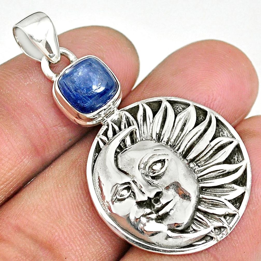 3.10cts natural blue kyanite 925 sterling silver sun moon face pendant r90419