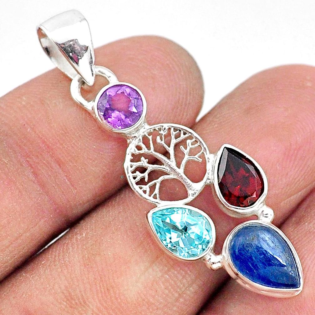 5.23cts natural blue kyanite amethyst 925 silver tree of life pendant t2241