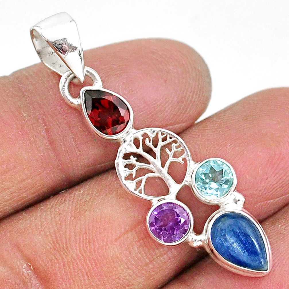 6.22cts natural blue kyanite amethyst 925 silver tree of life pendant t2253