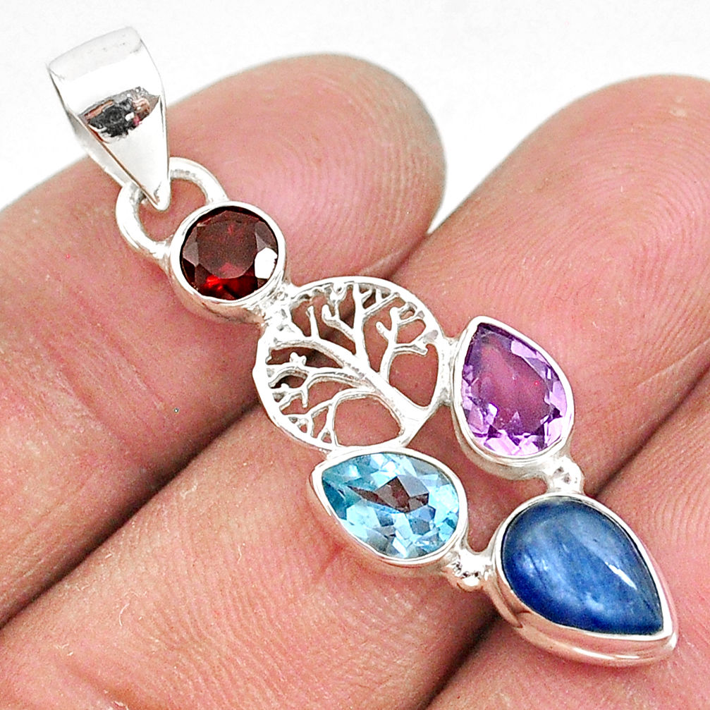 6.61cts natural blue kyanite amethyst 925 silver tree of life pendant t2262