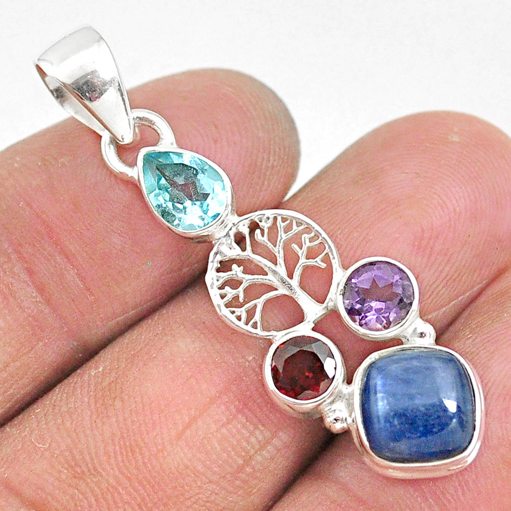 6.80cts natural blue kyanite amethyst 925 silver tree of life pendant t2269