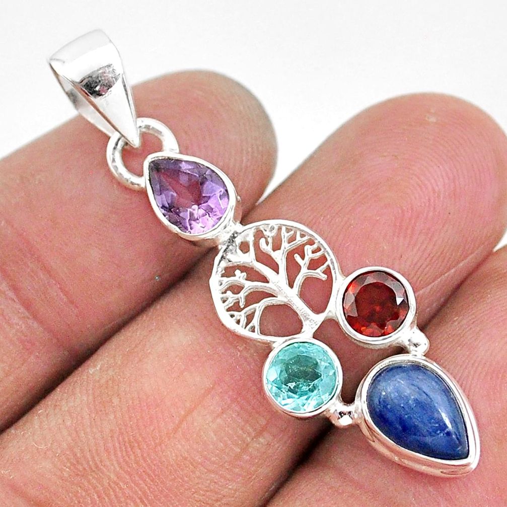 5.43cts natural blue kyanite amethyst 925 silver tree of life pendant t2272