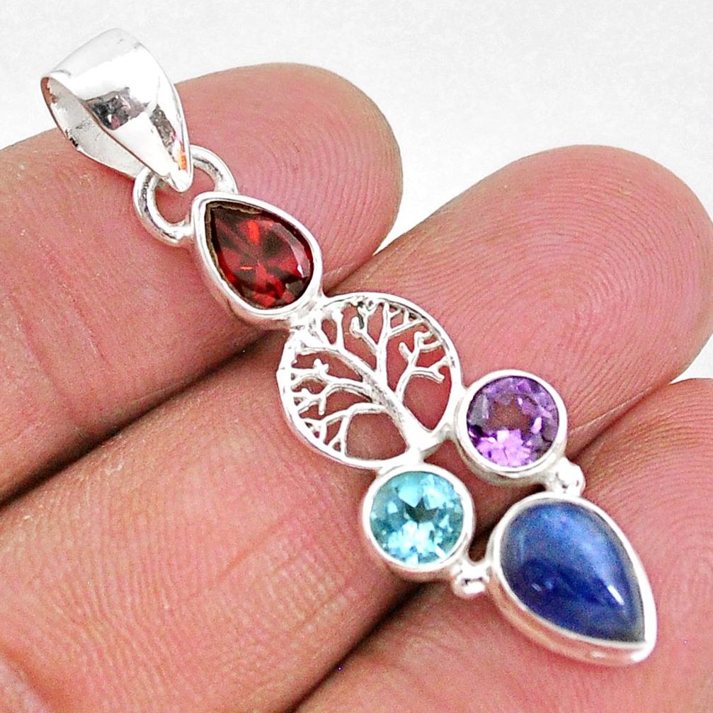 6.82cts natural blue kyanite amethyst 925 silver tree of life pendant t2282