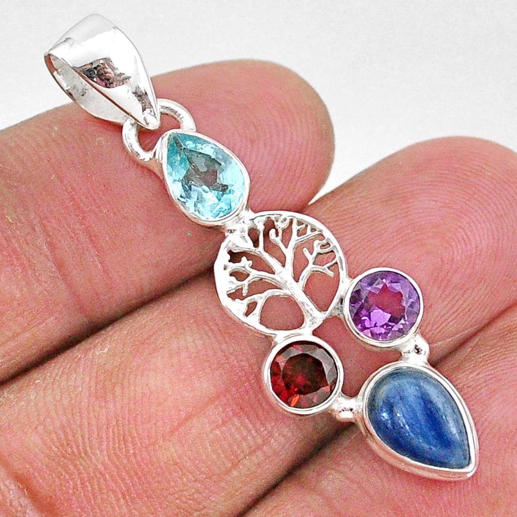 6.38cts natural blue kyanite amethyst 925 silver tree of life pendant t2283