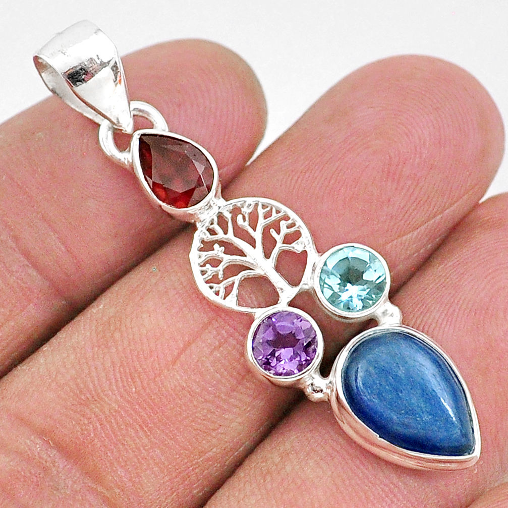 7.79cts natural blue kyanite amethyst 925 silver tree of life pendant t2295