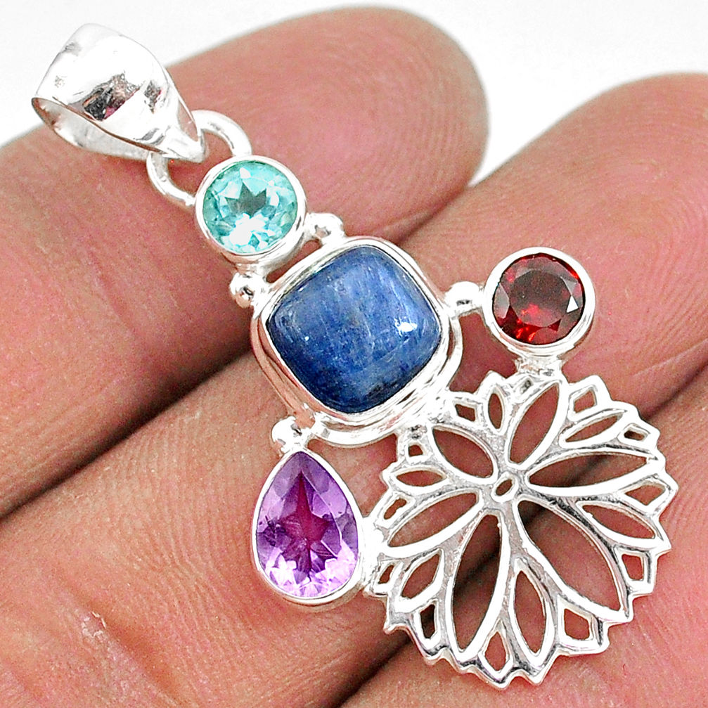 6.81cts natural blue kyanite amethyst 925 sterling silver flower pendant t2249