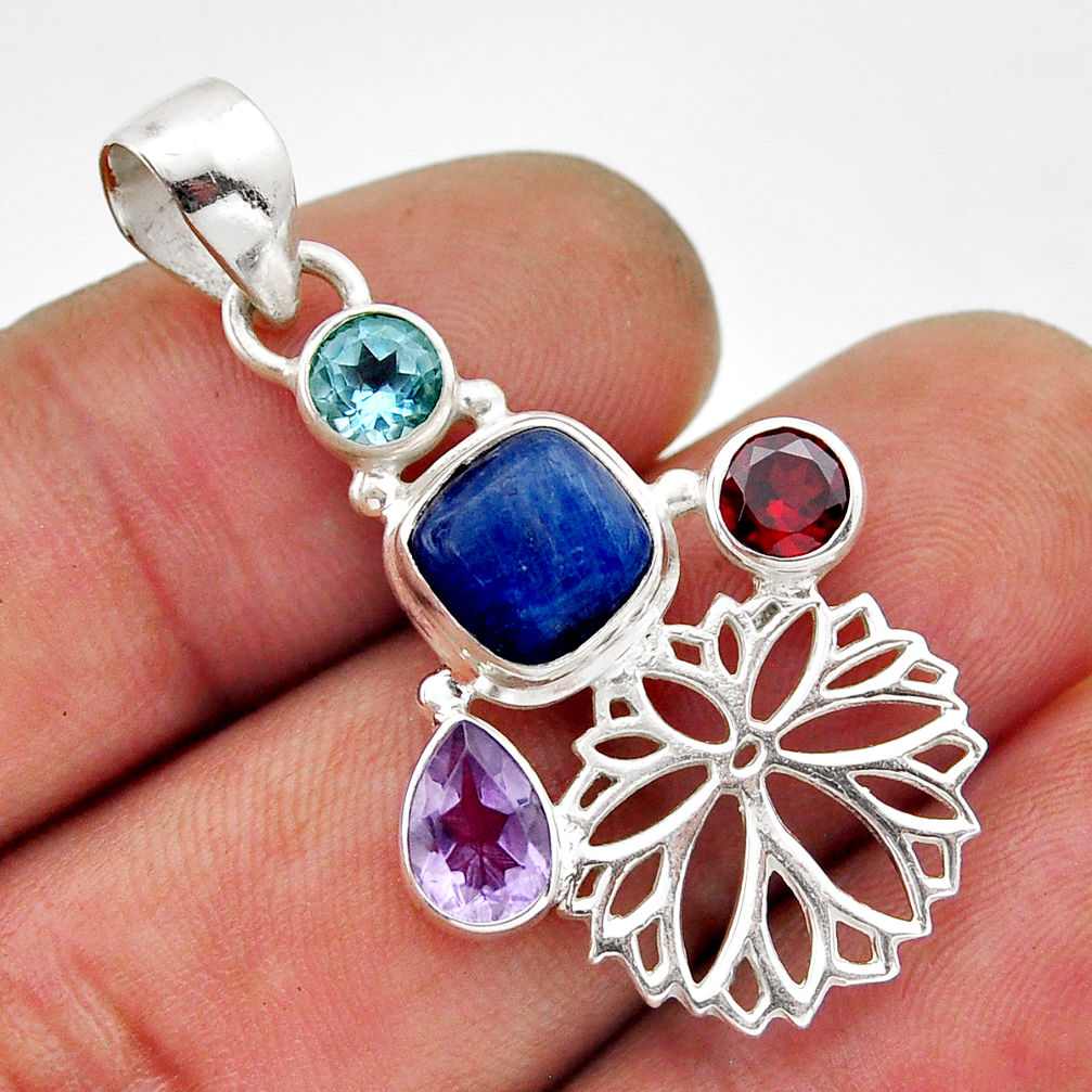 6.14cts natural blue kyanite amethyst garnet topaz 925 silver pendant n51612