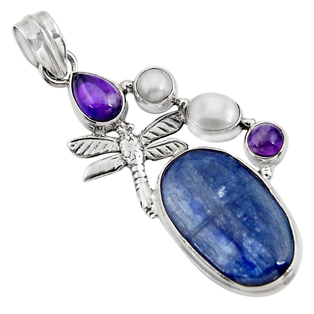 17.81cts natural blue kyanite amethyst pearl 925 silver dragonfly pendant d42702