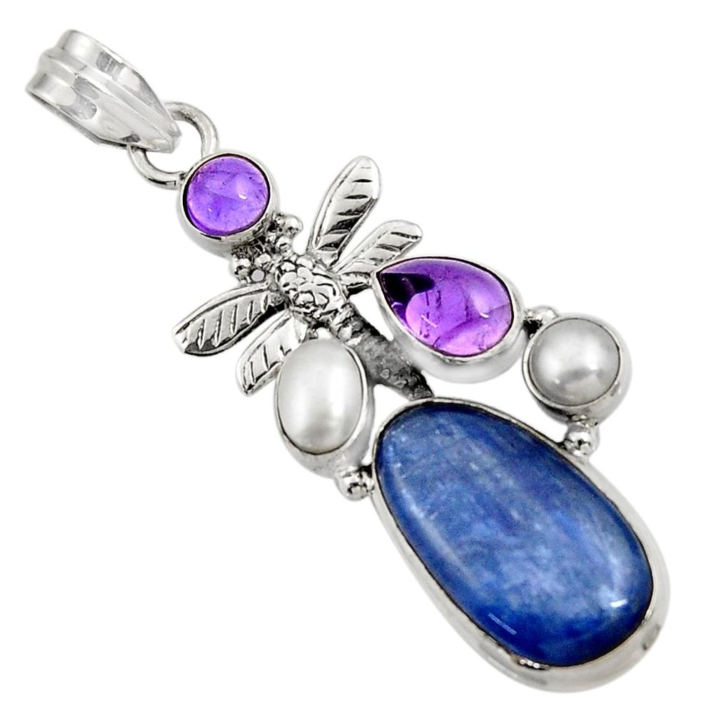 17.67cts natural blue kyanite amethyst pearl 925 silver dragonfly pendant d42708