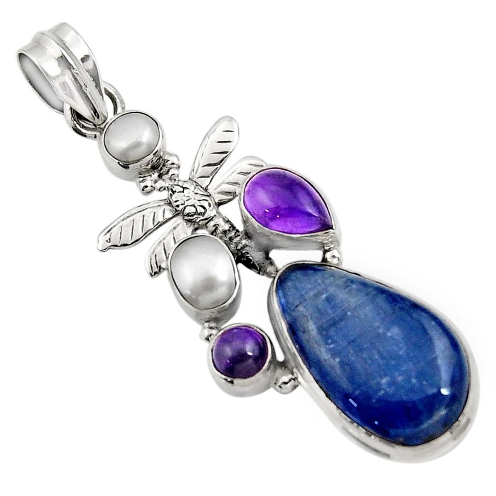 18.17cts natural blue kyanite amethyst pearl 925 silver dragonfly pendant d42709