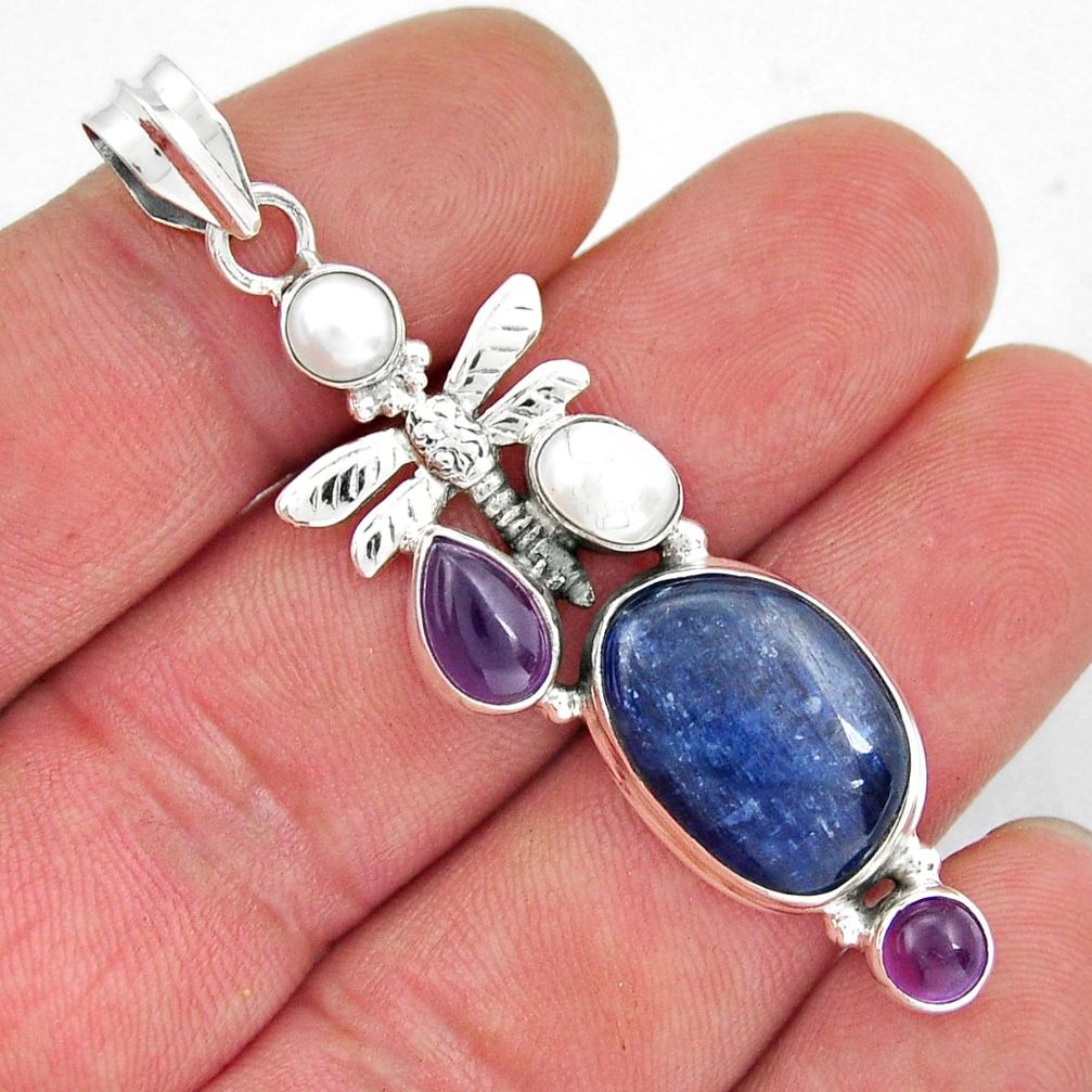 15.26cts natural blue kyanite amethyst pearl 925 silver dragonfly pendant y21296