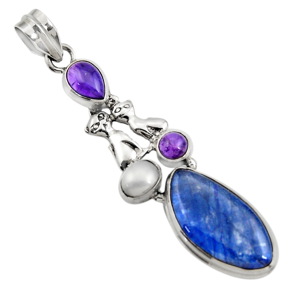 14.99cts natural blue kyanite amethyst pearl 925 silver two cats pendant d42703