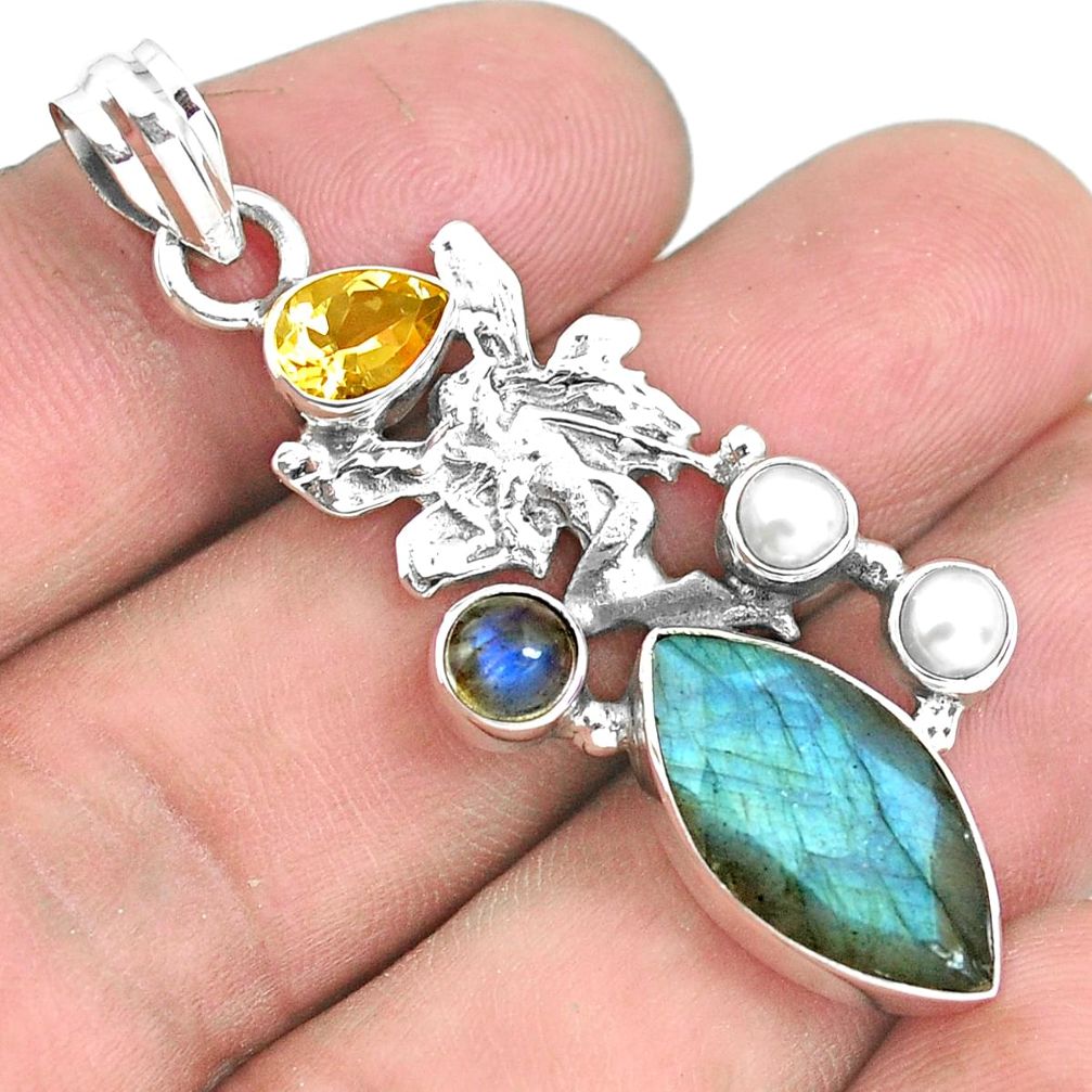 14.26cts natural blue labradorite 925 silver angel wings fairy pendant p38951