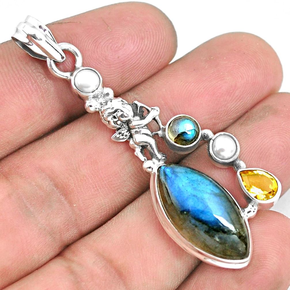 15.97cts natural blue labradorite 925 silver cupid angel wings pendant p38949