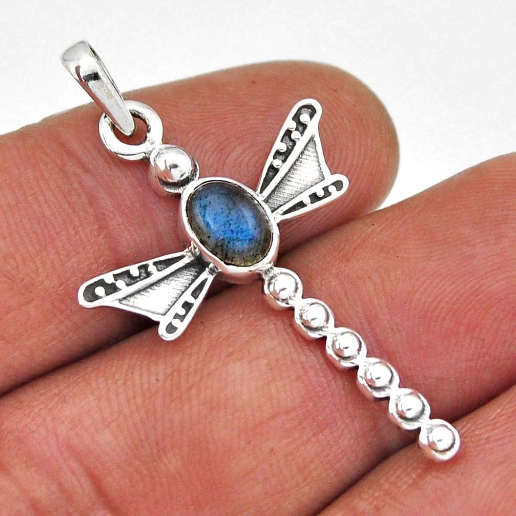 1.46cts natural blue labradorite 925 sterling silver dragonfly pendant n45156