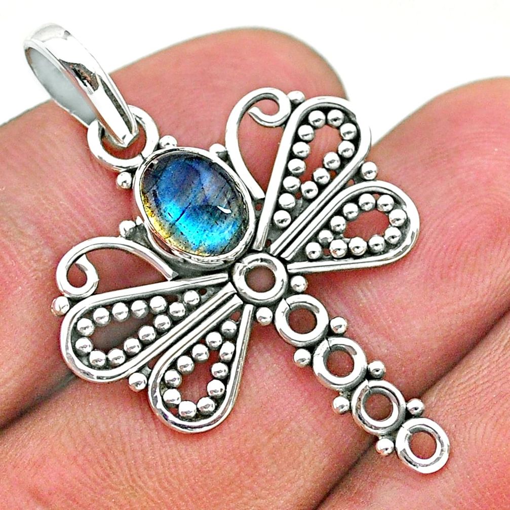 1.96cts natural blue labradorite 925 sterling silver dragonfly pendant t32918