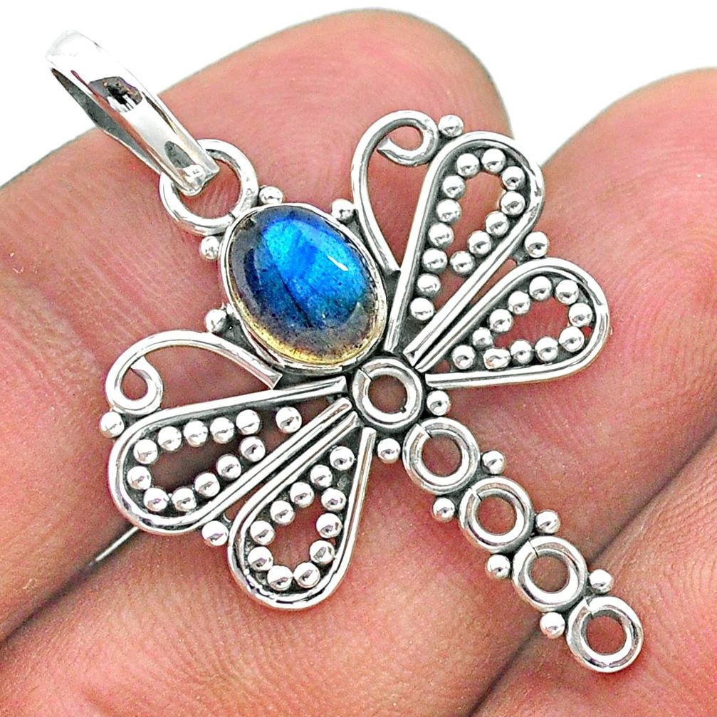 1.96cts natural blue labradorite 925 sterling silver dragonfly pendant t32919